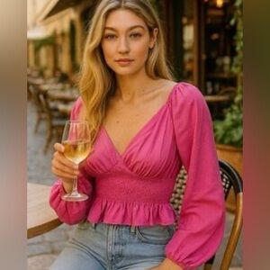 NWT WAYF Smocked Peplum Top M Pink Chiffon Cropped Girlhoodcore peasant country